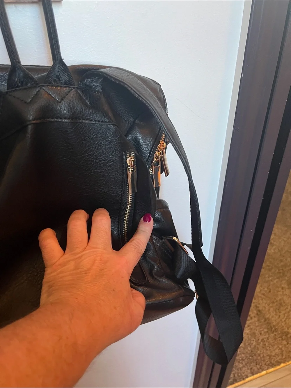 Black Faux Leather Women's Backpack with Gold Hardware